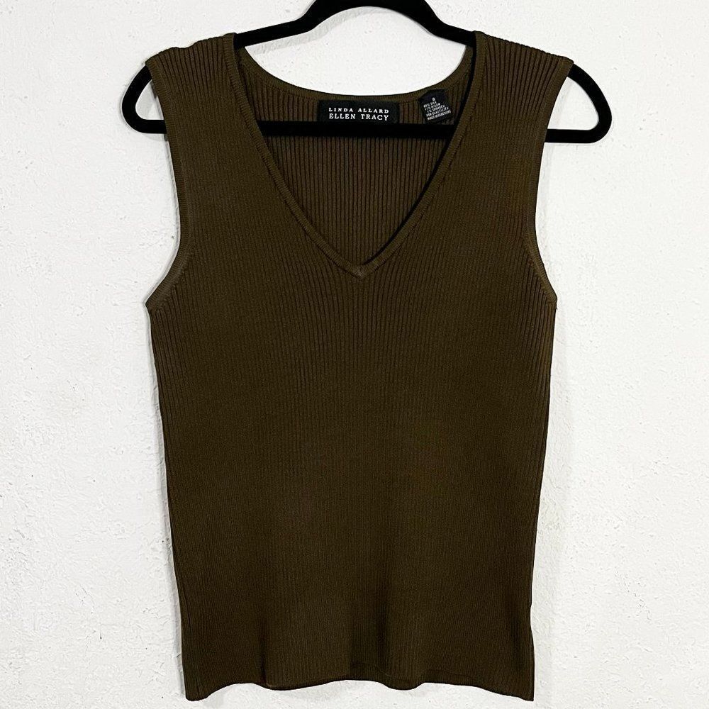 Vintage Linda Allard Ellen Tracy Olive Green Silk Blend V-Neck Sweater Vest